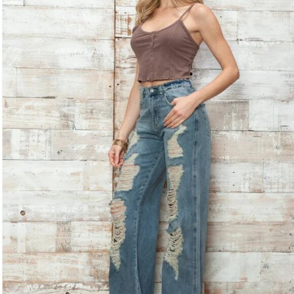 High Waisted Heavily Distressed Wide Leg Denim Jeans - Picture 4 of 6